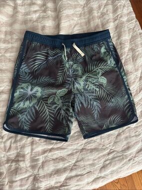 Fair Harbor Navy Swim Trunks with Green Tropical Leaf Print, Size XL